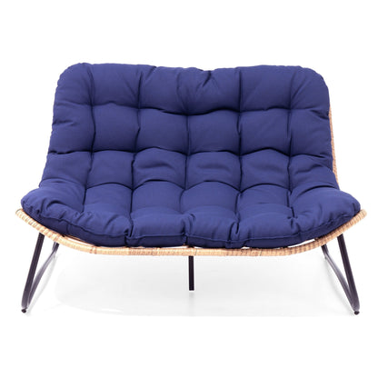 Fauteuil Papasan double avec coussin, en rotin PE résistant aux intempéries et cadre en métal, pour intérieur et extérieur.