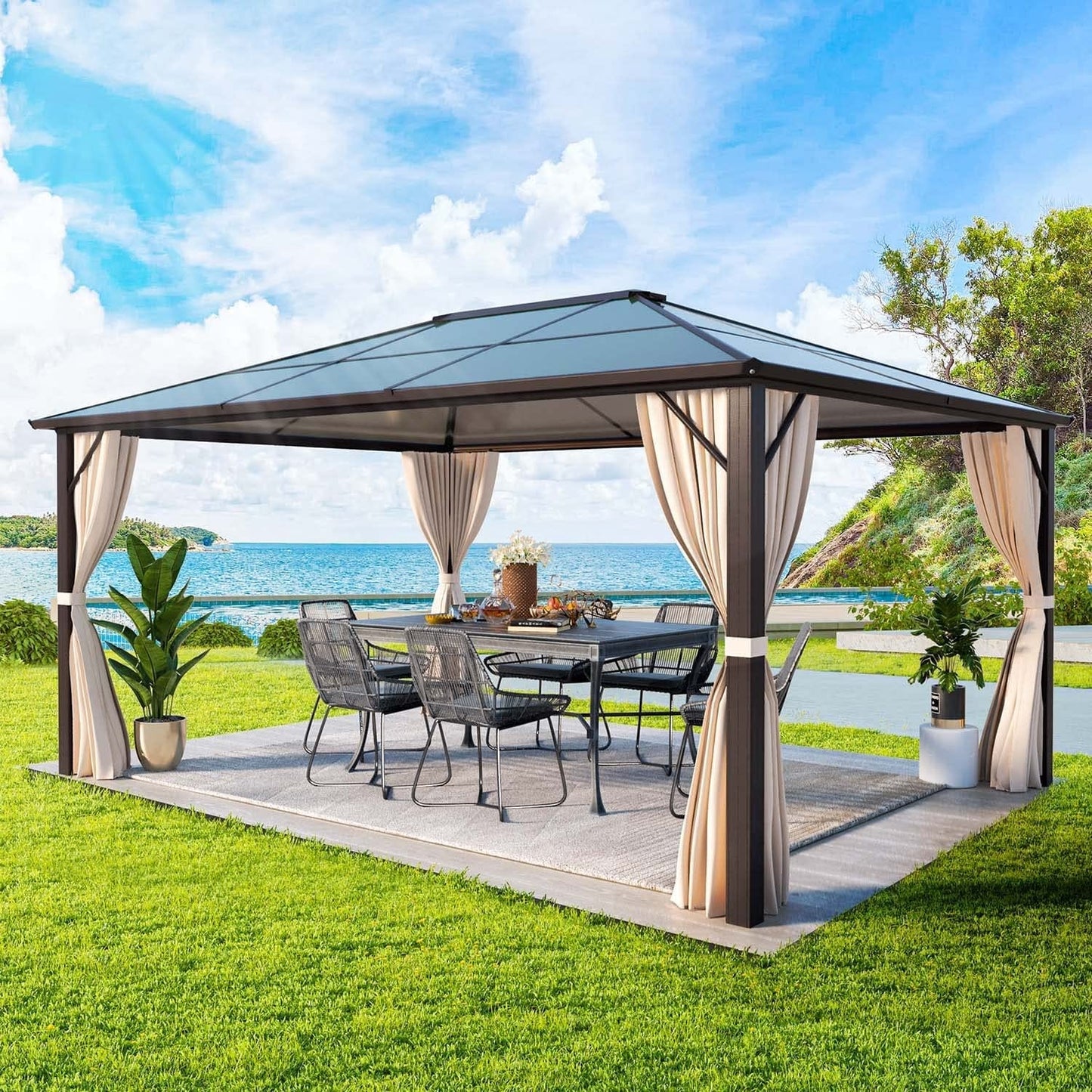 Gazebo à toit rigide pour jardin – Pergola permanente avec moustiquaire, rideaux et toit double, abri extérieur toutes saisons