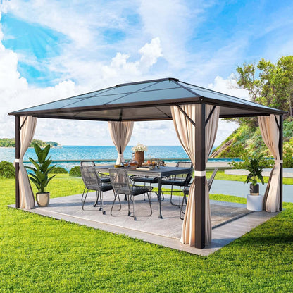Gazebo à toit rigide pour jardin – Pergola permanente avec moustiquaire, rideaux et toit double, abri extérieur toutes saisons