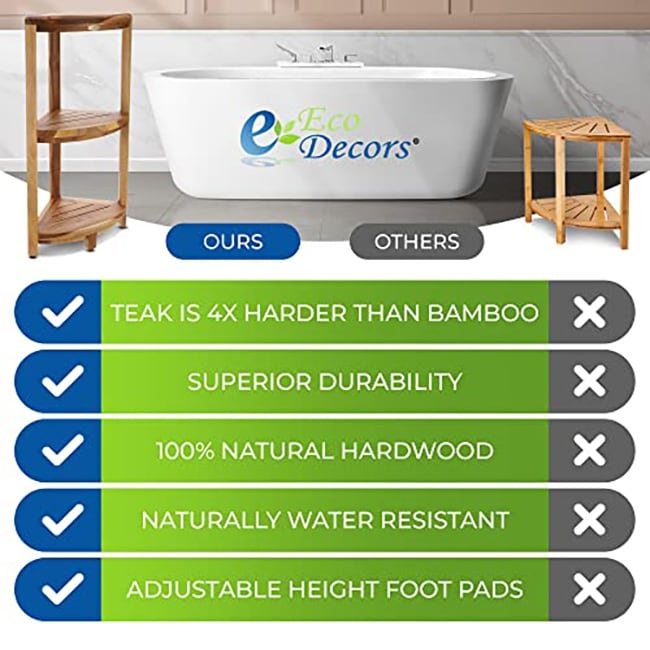 EcoDecors Table de douche à 3 niveaux, support de douche debout, porte-serviettes de douche en teck, support de rangement de douche, étagère en teck, étagère de douche en teck