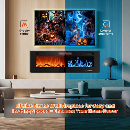 Chauffage électrique de cheminée encastrable mural avec télécommande (750-1500W)