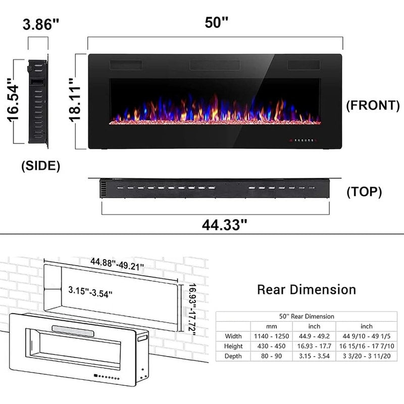 Chauffage électrique de cheminée encastrable mural avec télécommande (750-1500W)
