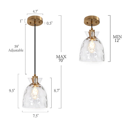 Suspension Elisie, style moderne du milieu du siècle, 1 lumière, verre en cascade, dôme martelé, éclairage pour îlot de cuisine, salle à manger