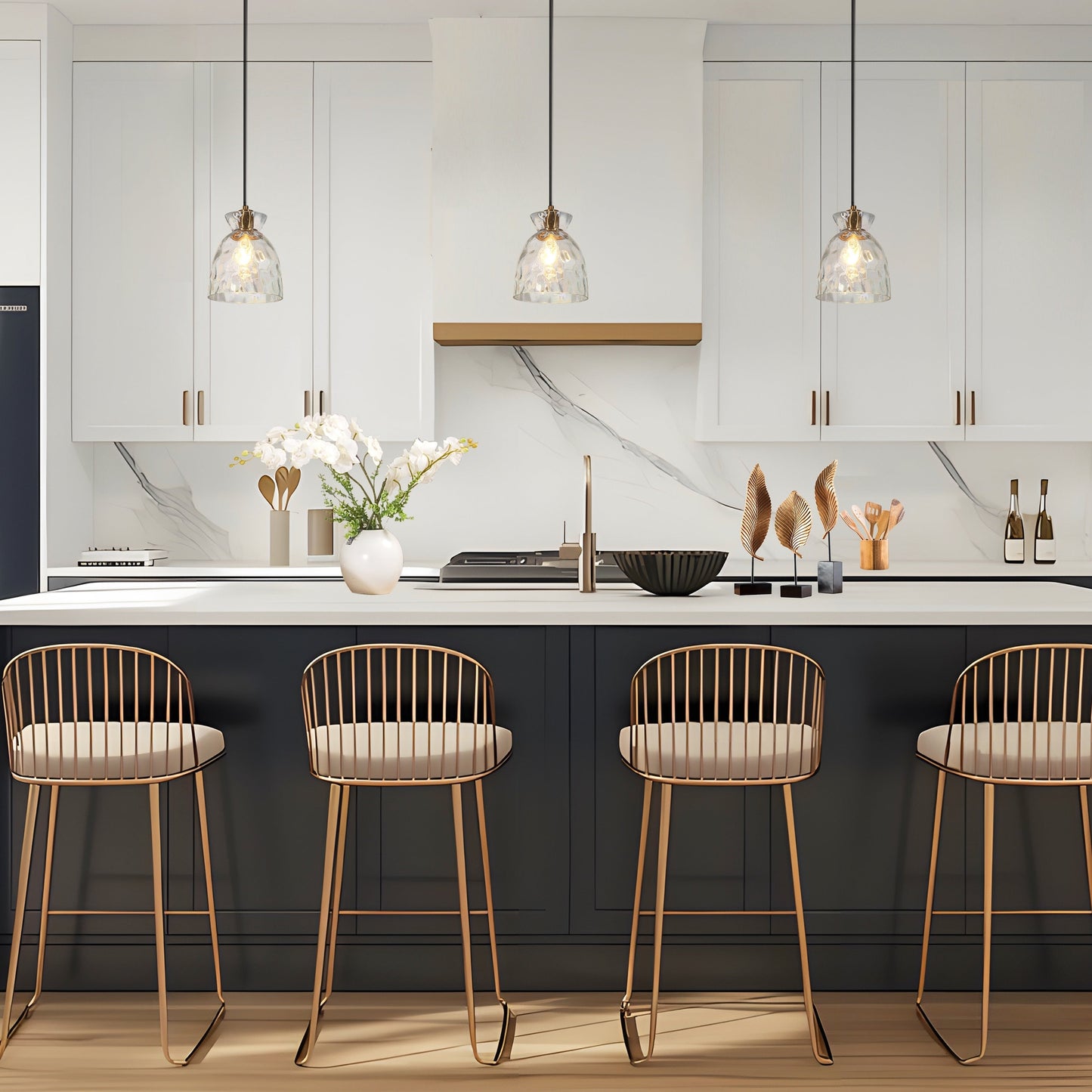 Suspension Elisie, style moderne du milieu du siècle, 1 lumière, verre en cascade, dôme martelé, éclairage pour îlot de cuisine, salle à manger