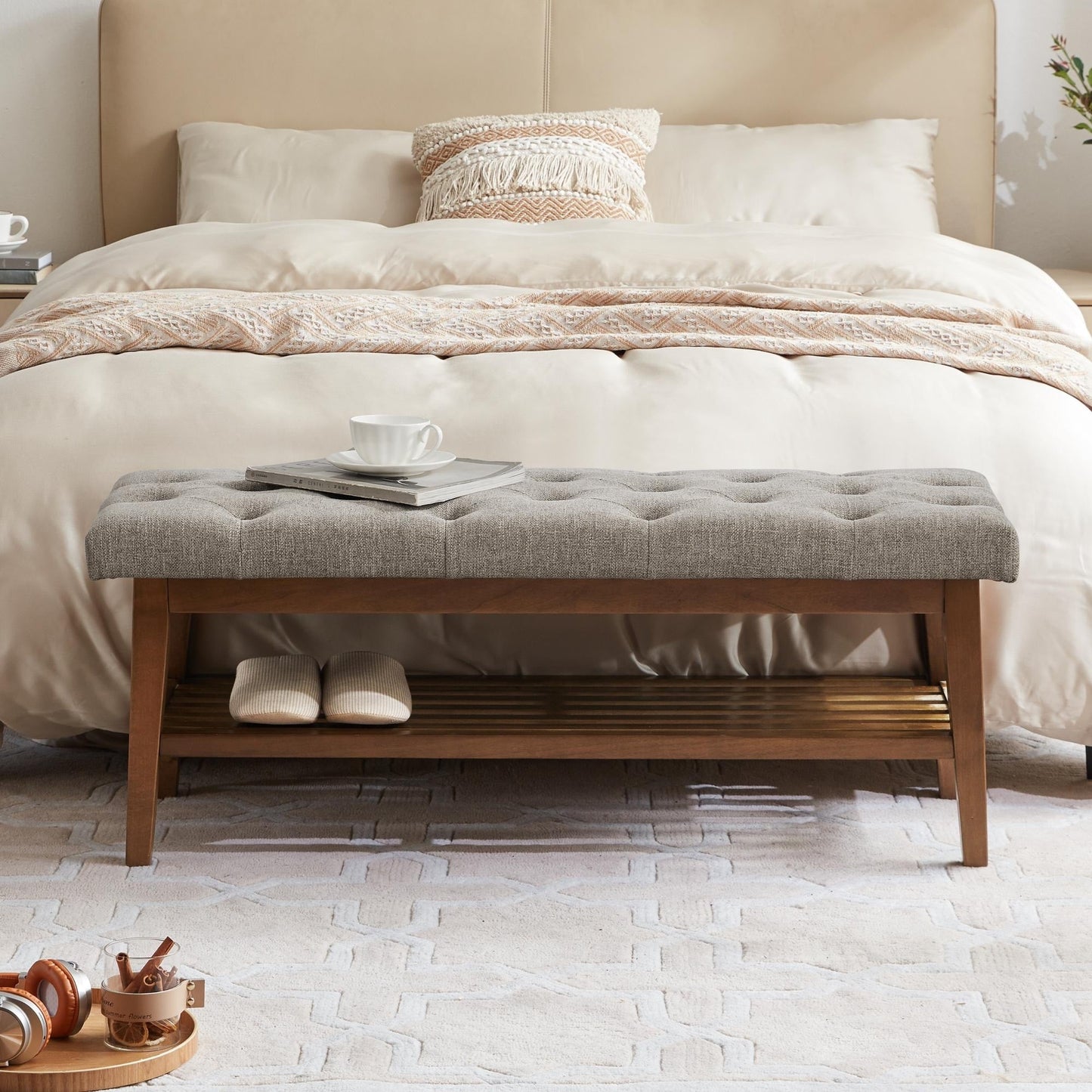 Banc à chaussures d'entrée, banc de rangement, tissu et bois massif, banc rembourré de 109 cm (43 pouces) pour salon, chambres à coucher