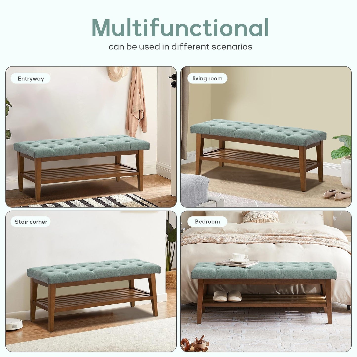 Banc à chaussures d'entrée, banc de rangement, tissu et bois massif, banc rembourré de 109 cm (43 pouces) pour salon, chambres à coucher