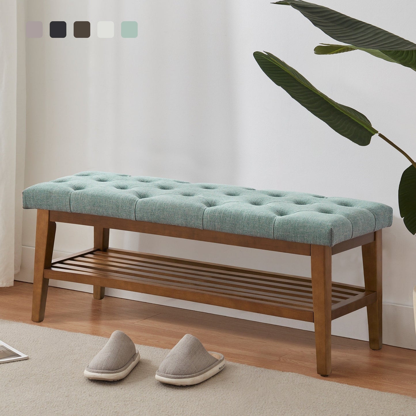 Banc à chaussures d'entrée, banc de rangement, tissu et bois massif, banc rembourré de 109 cm (43 pouces) pour salon, chambres à coucher