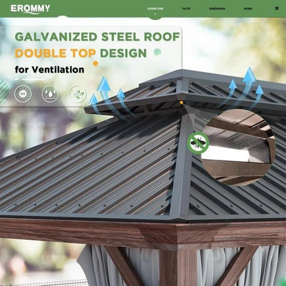 Erommy Gazebo à toit rigide avec cadre en aluminium et toit double, gazebo extérieur permanent avec rideaux et moustiquaire pour patio et jardin.