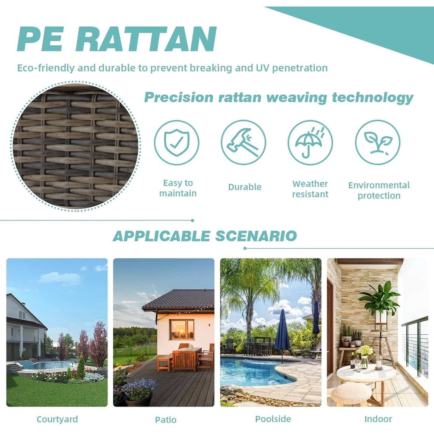 Erommy Ensemble de chaises de patio pivotantes à 360° avec coussins épais et table basse en verre trempé pour jardin, cour arrière