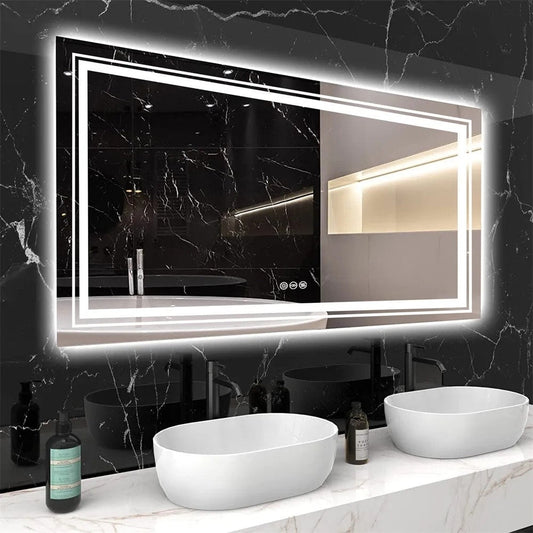 Grand miroir de salle de bain à éclairage LED, anti-buée, avec support mural, 3 couleurs