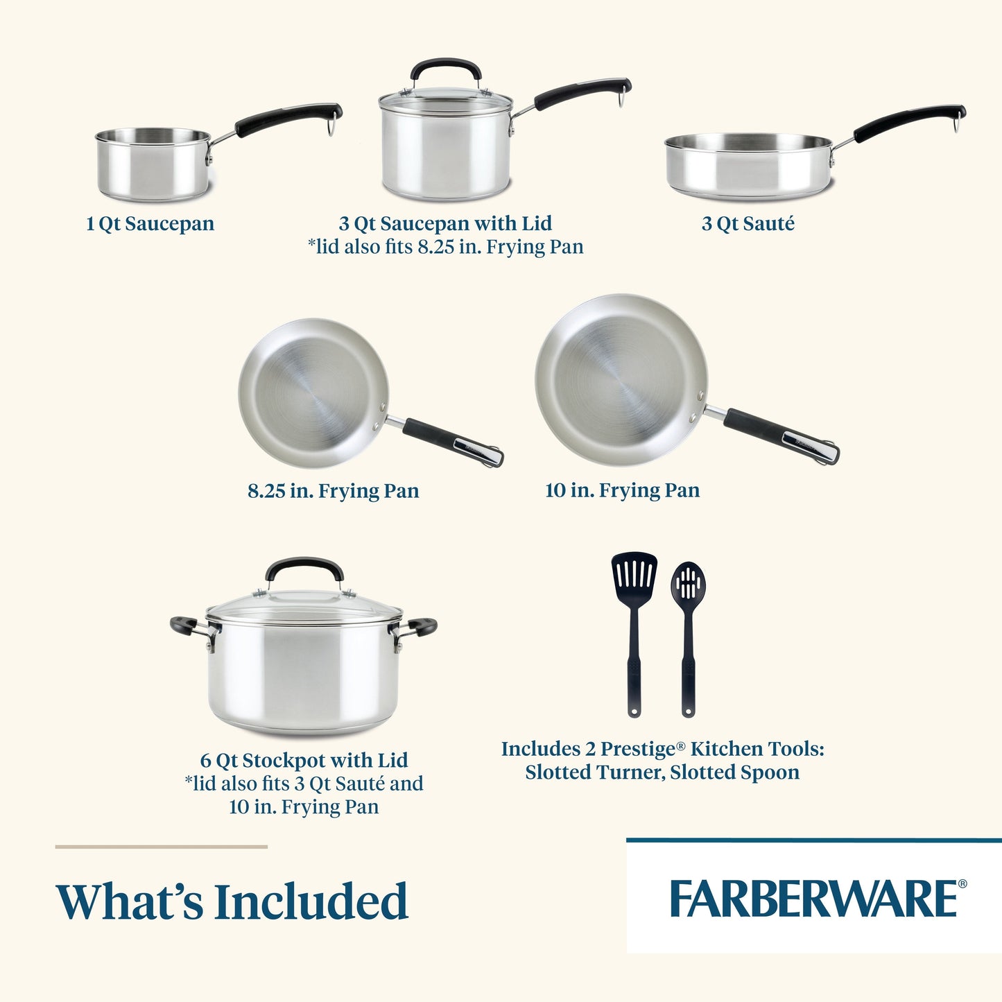 Ensemble de casseroles et poêles en acier inoxydable Brilliance de Farberware, 10 pièces