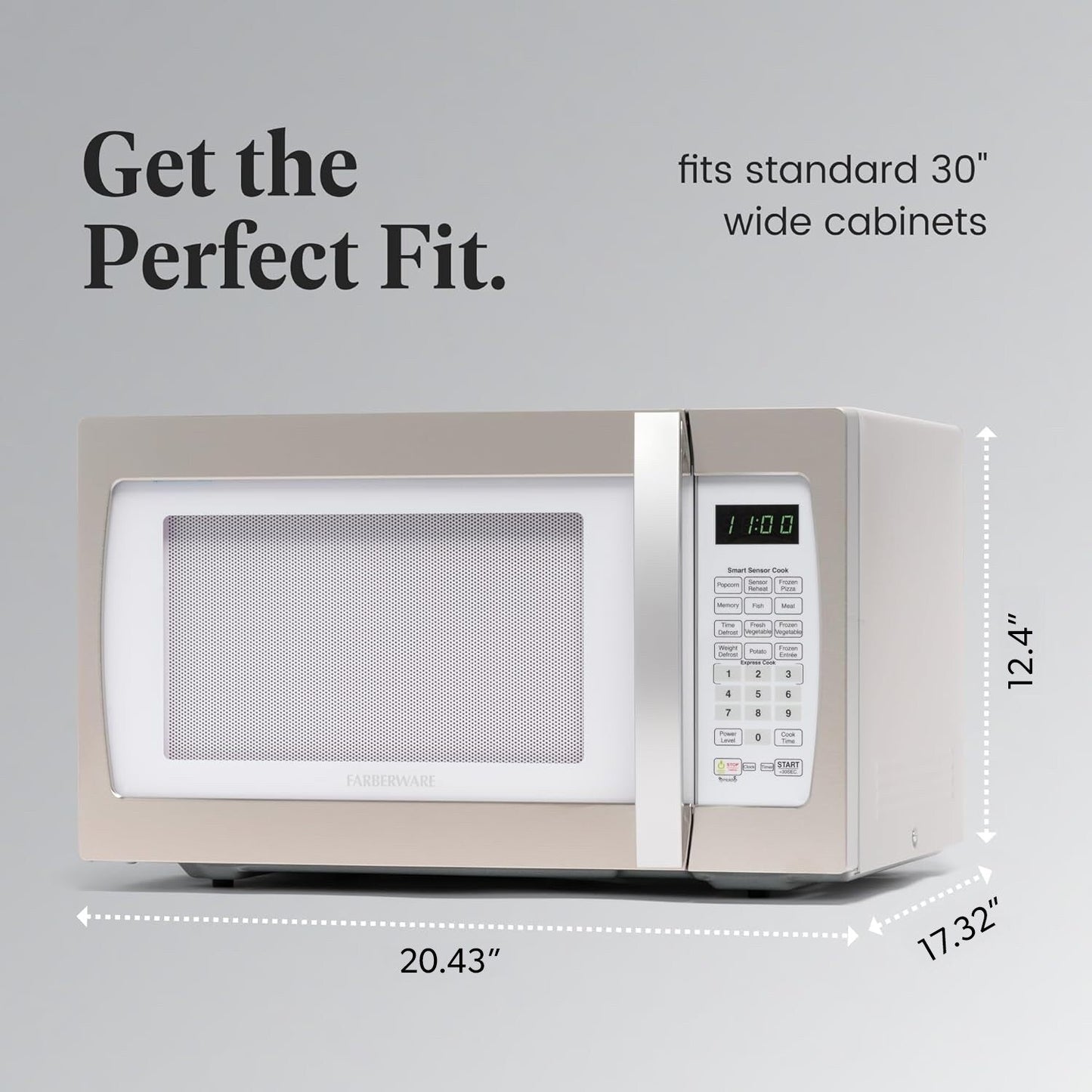 Four à micro-ondes Farberware Professional de 1,3 pi³ et de 1100 watts avec fonction de cuisson intelligente à détecteur, blanc et platine