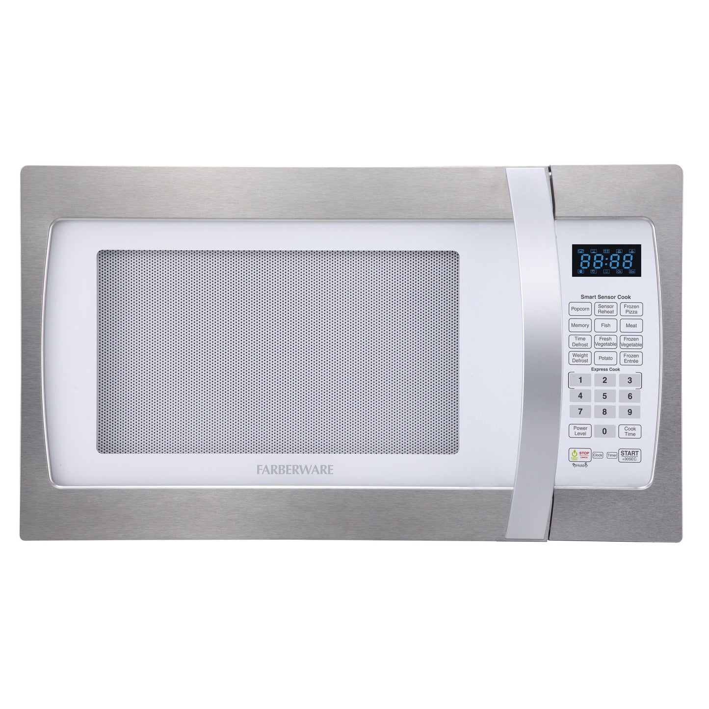 Four à micro-ondes Farberware Professional de 1,3 pi³ et de 1100 watts avec fonction de cuisson intelligente à détecteur, blanc et platine
