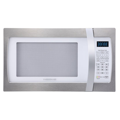 Four à micro-ondes Farberware Professional de 1,3 pi³ et de 1100 watts avec fonction de cuisson intelligente à détecteur, blanc et platine