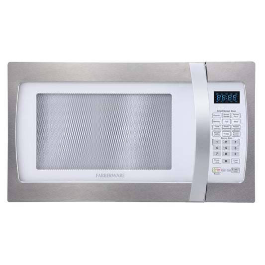 Four à micro-ondes Farberware Professional de 1,3 pi³ et de 1100 watts avec fonction de cuisson intelligente à détecteur, blanc et platine