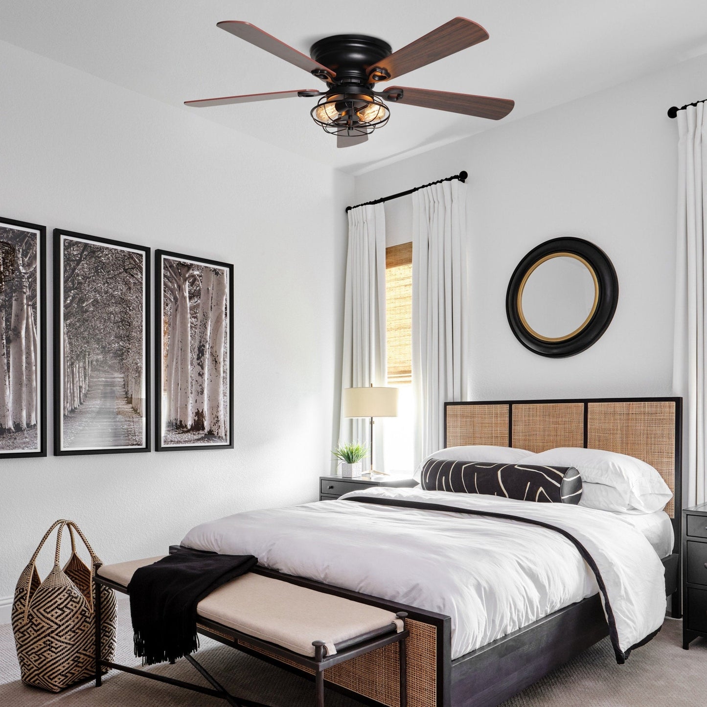 Ventilateur de plafond à 5 pales en bois de 122 cm (48 pouces) à montage encastré, style rustique, noir, avec télécommande et kit d'éclairage.