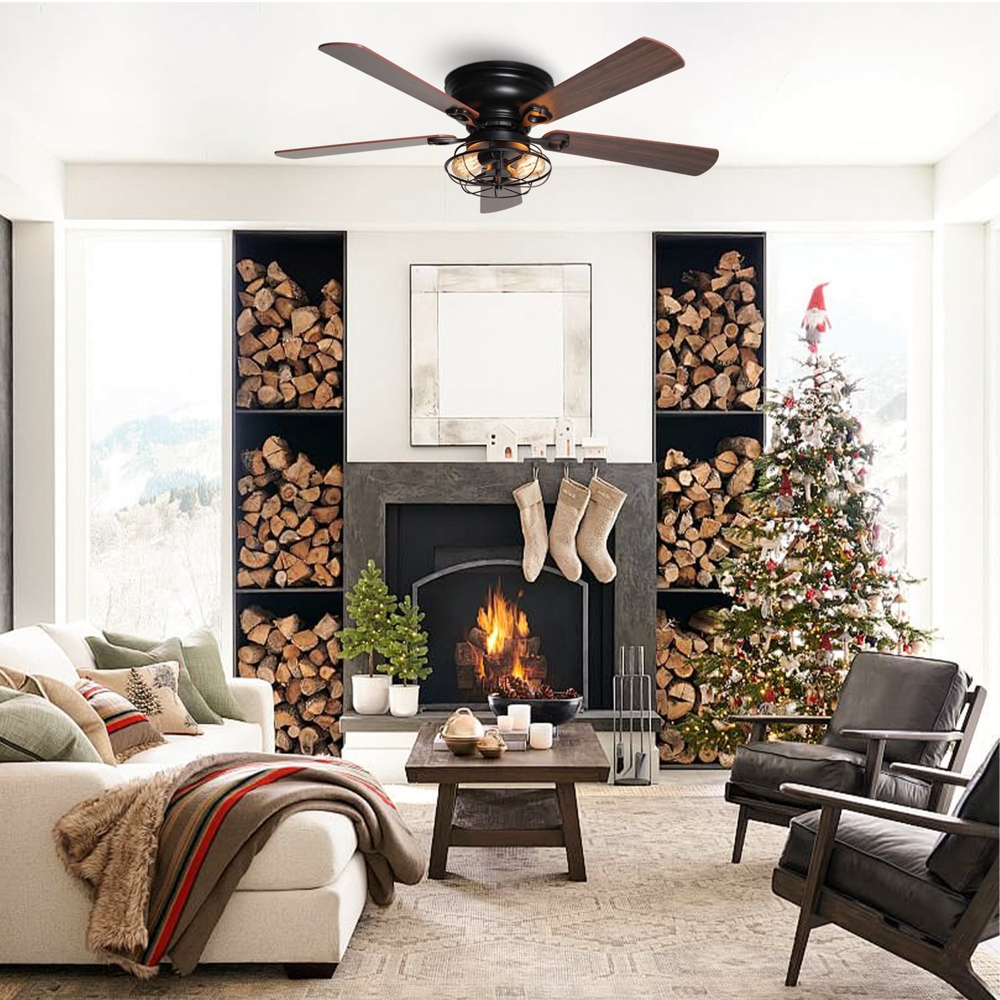 Ventilateur de plafond à 5 pales en bois de 122 cm (48 pouces) à montage encastré, style rustique, noir, avec télécommande et kit d'éclairage.