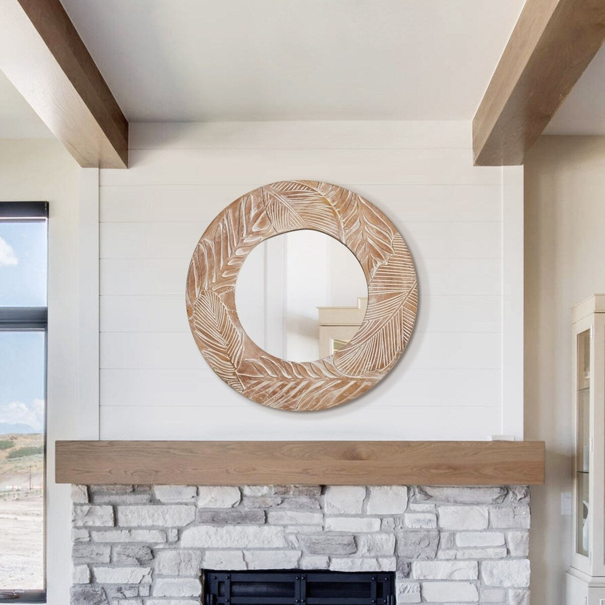 Miroir mural rond en bois sculpté style farmhouse - 71 x 71 cm