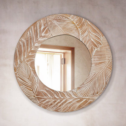 Miroir mural rond en bois sculpté style farmhouse - 71 x 71 cm
