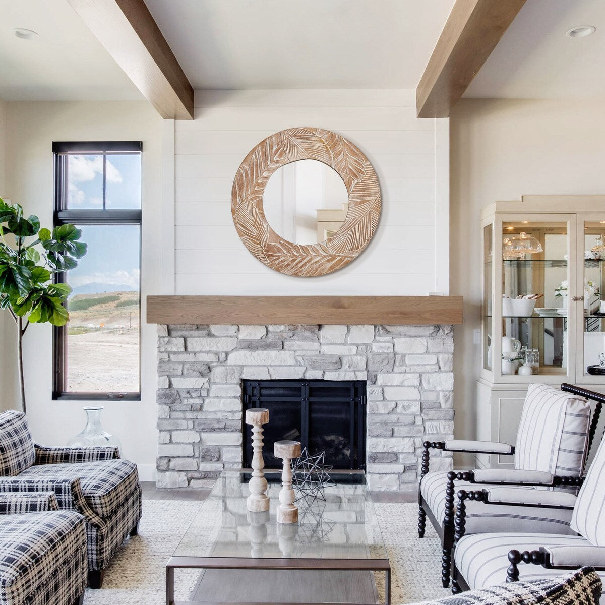 Miroir mural rond en bois sculpté style farmhouse - 71 x 71 cm