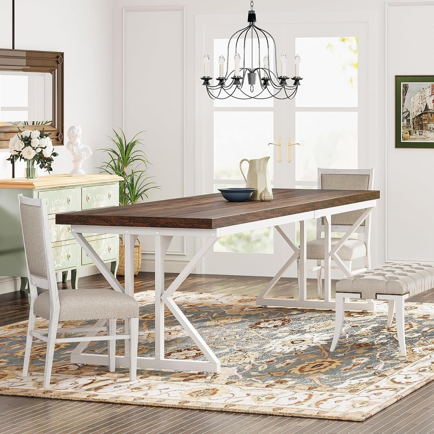 Table de salle à manger de style farmhouse pour 6 personnes, table de cuisine rectangulaire en bois de 70,8 pouces