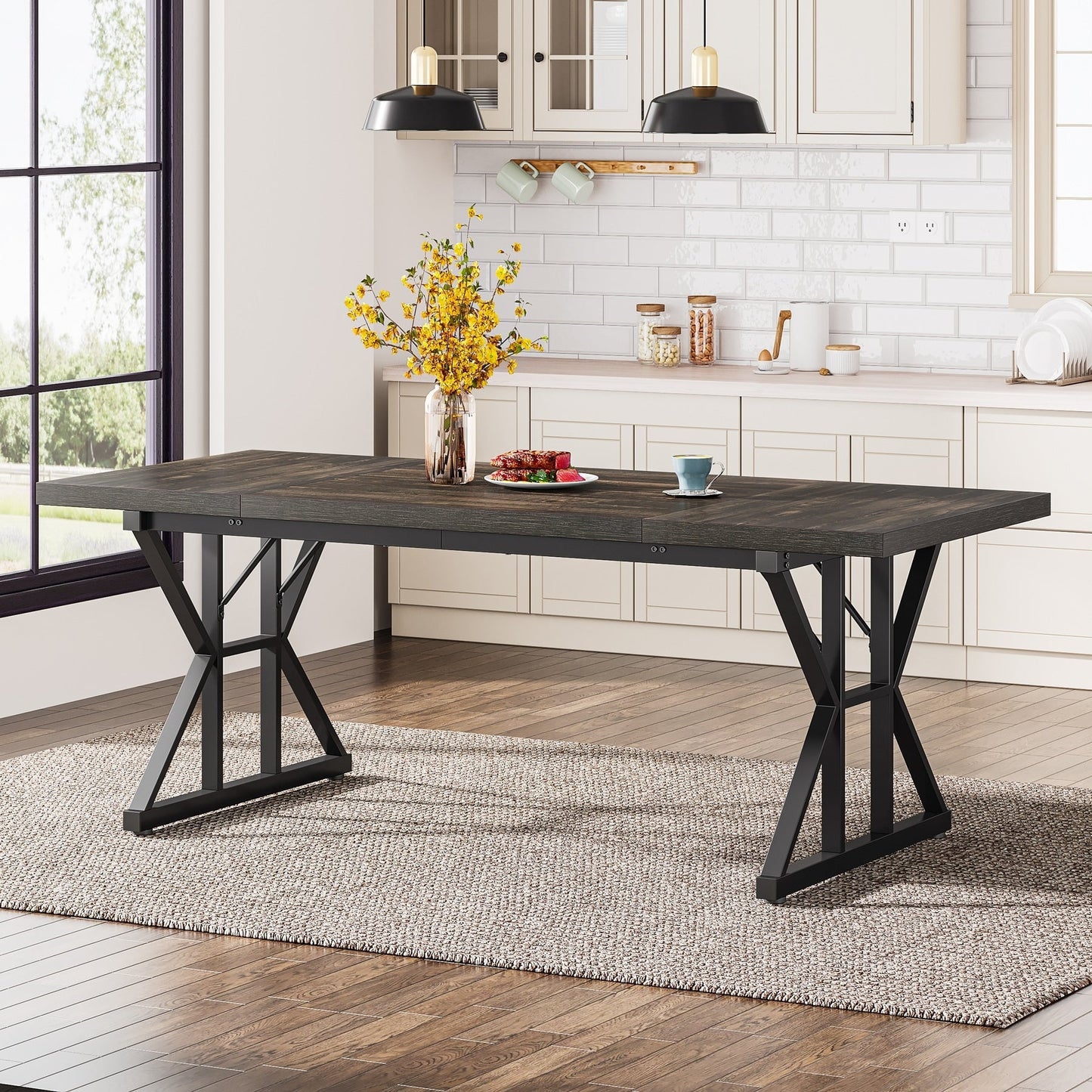 Table de salle à manger de style farmhouse pour 6 personnes, table de cuisine rectangulaire en bois de 70,8 pouces