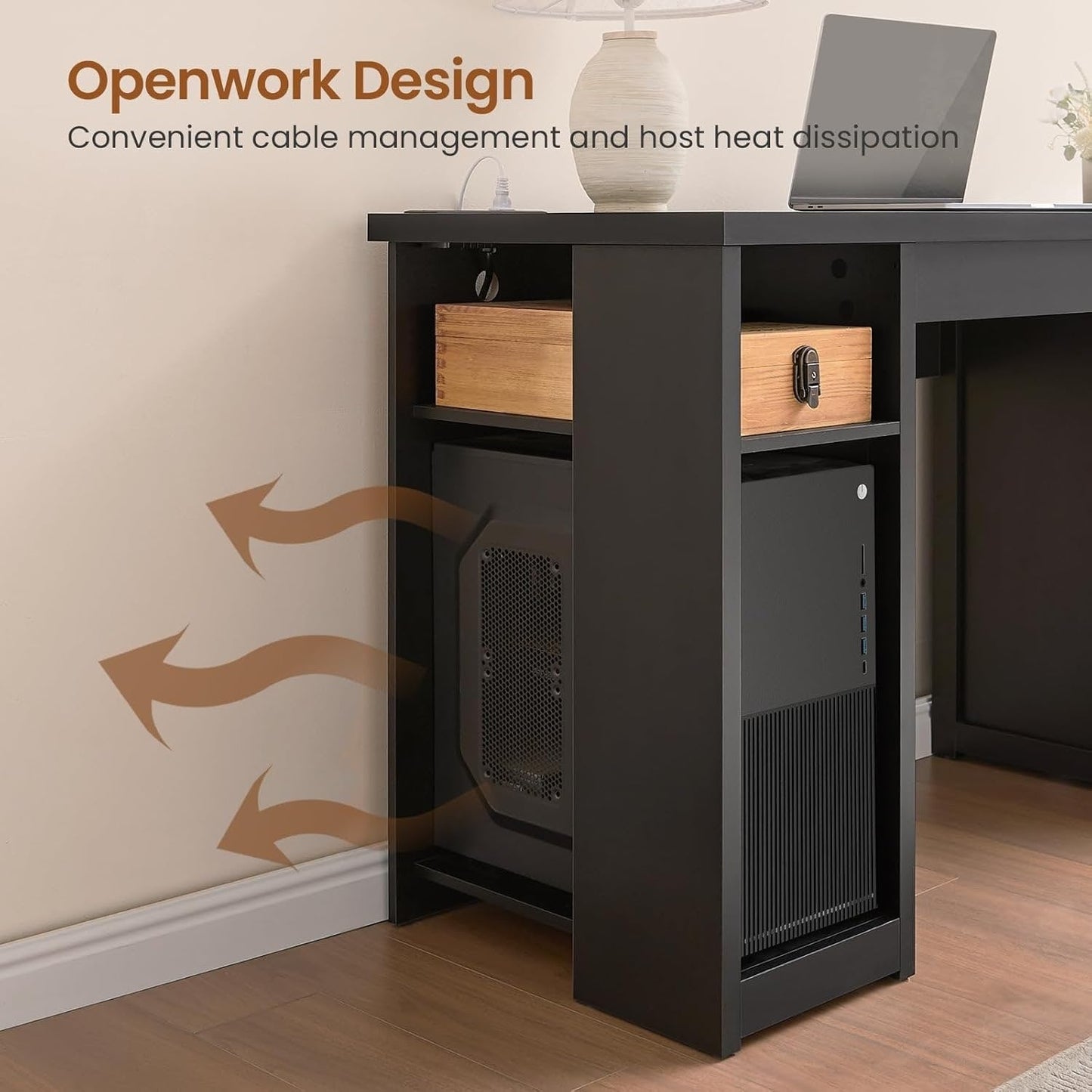 Bureau de direction style farmhouse, bureau de travail à domicile, avec tiroir à dossiers, support pour écran et prise de courant.