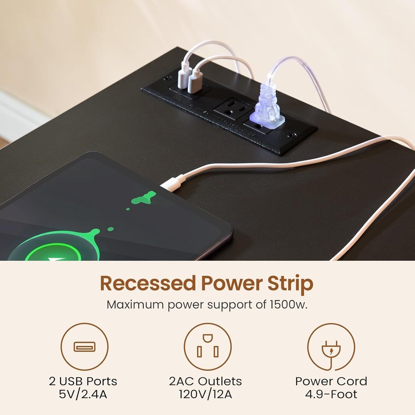 Bureau de direction style farmhouse, bureau de travail à domicile, avec tiroir à dossiers, support pour écran et prise de courant.