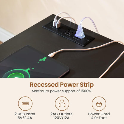 Bureau de direction style farmhouse, bureau de travail à domicile, avec tiroir à dossiers, support pour écran et prise de courant.