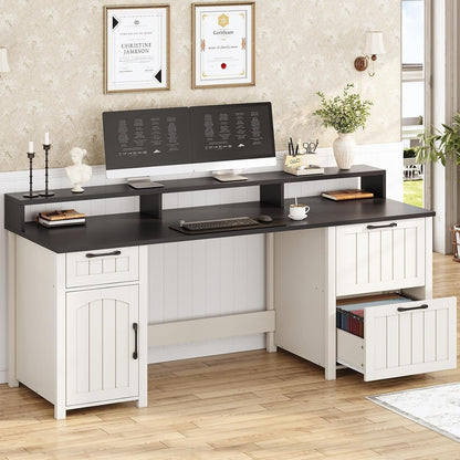 Bureau de direction style farmhouse, bureau de travail à domicile, avec tiroir à dossiers, support pour écran et prise de courant.