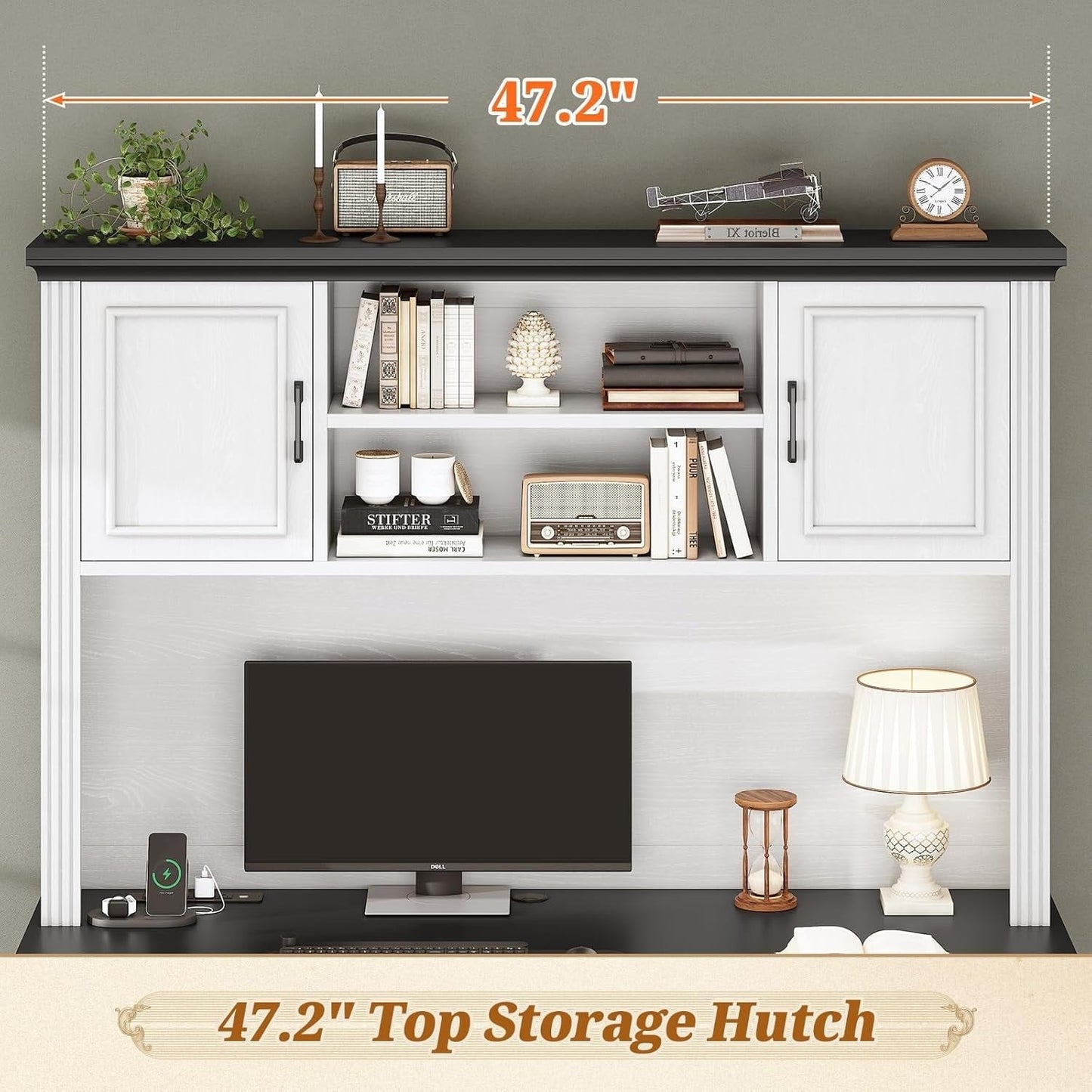 Bureau de direction style farmhouse, bureau de travail à domicile, avec tiroir à dossiers, support pour écran et prise de courant.