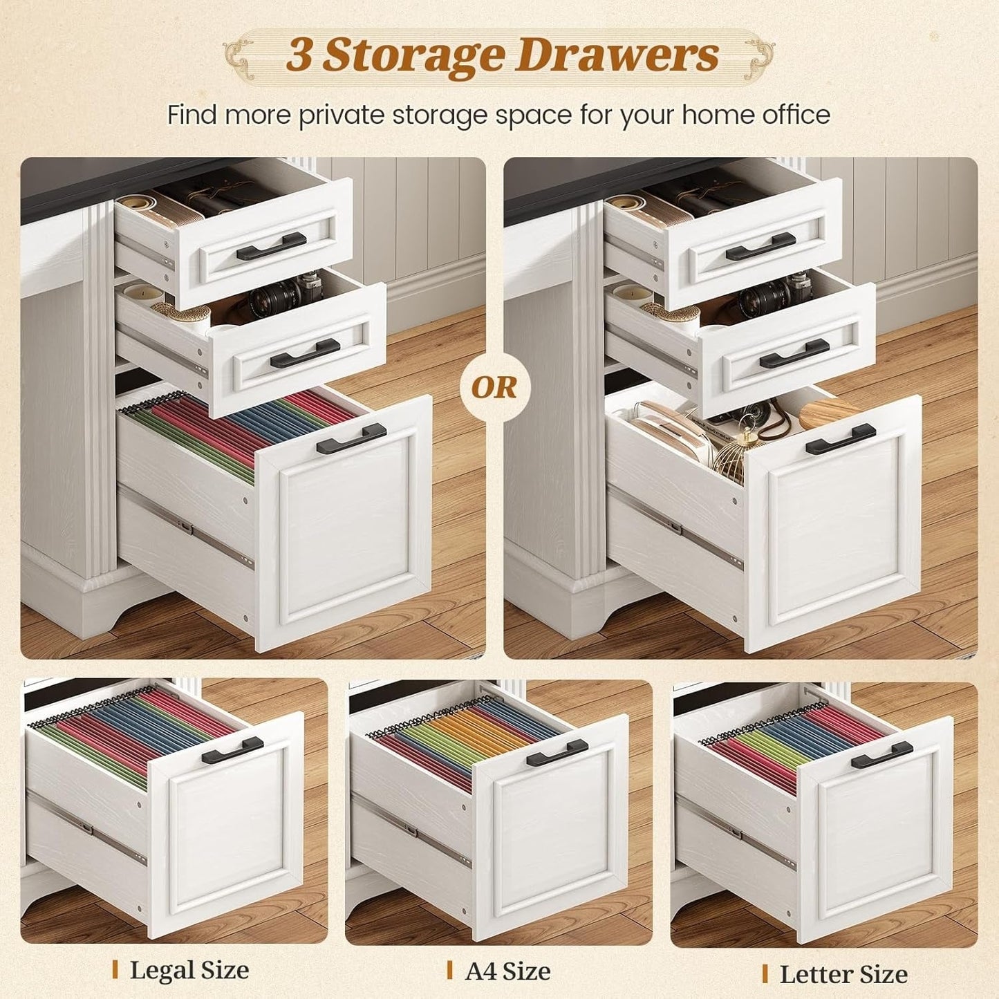 Bureau de direction style farmhouse, bureau de travail à domicile, avec tiroir à dossiers, support pour écran et prise de courant.