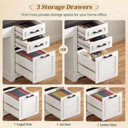 Bureau de direction style farmhouse, bureau de travail à domicile, avec tiroir à dossiers, support pour écran et prise de courant.