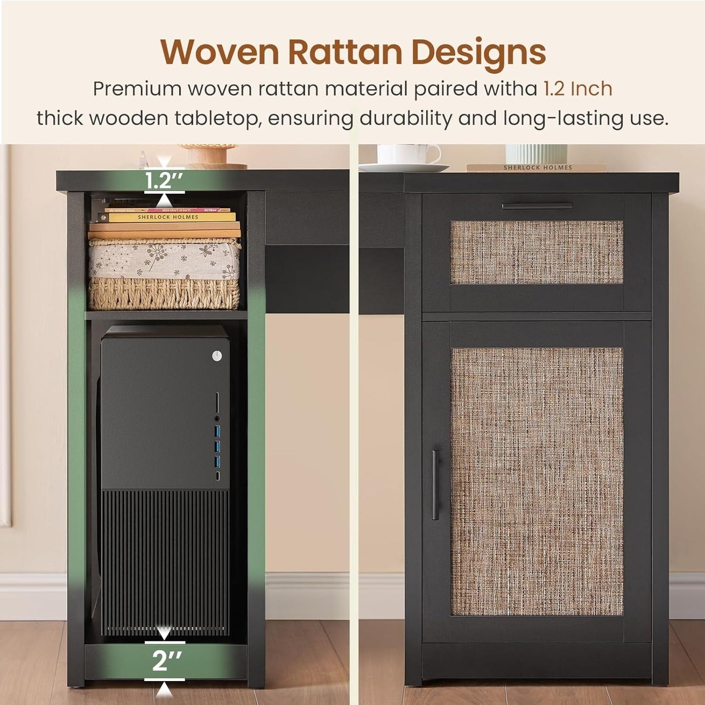 Bureau de direction style farmhouse, bureau de travail à domicile, avec tiroir à dossiers, support pour écran et prise de courant.