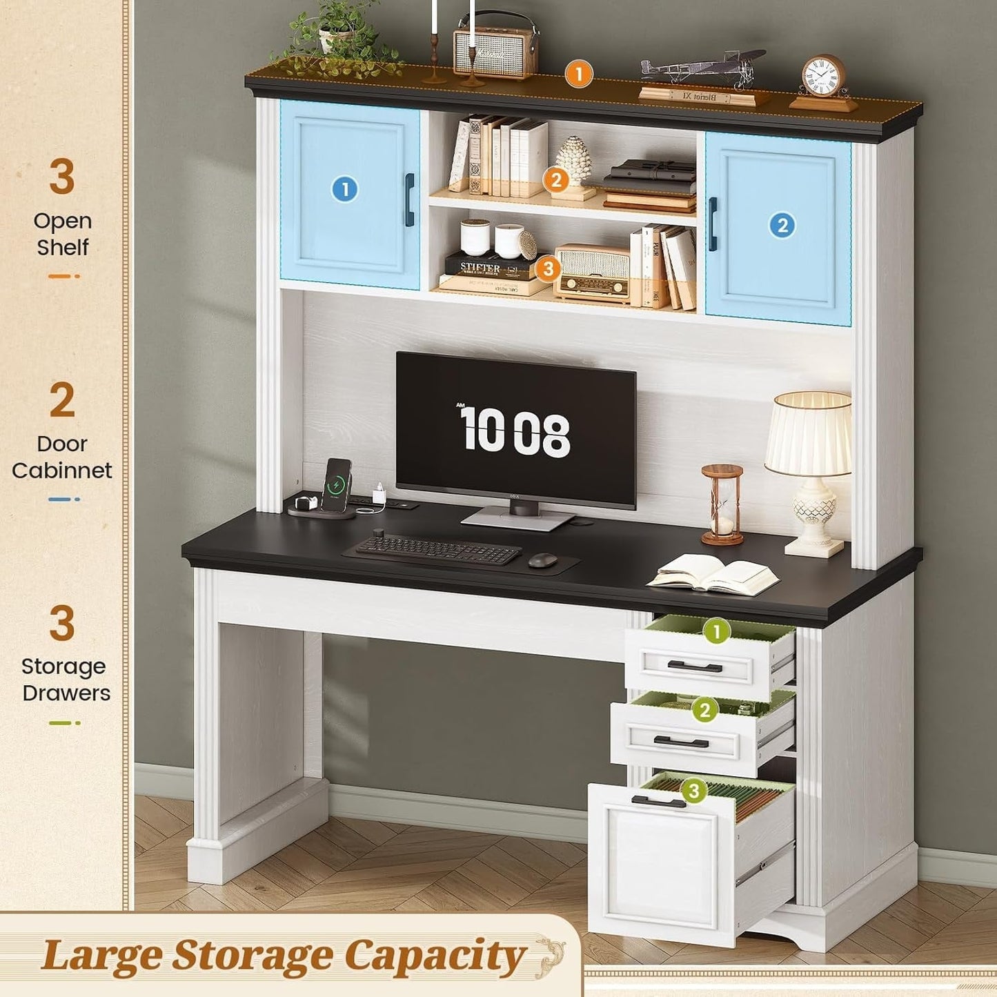 Bureau de direction style farmhouse, bureau de travail à domicile, avec tiroir à dossiers, support pour écran et prise de courant.