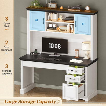 Bureau de direction style farmhouse, bureau de travail à domicile, avec tiroir à dossiers, support pour écran et prise de courant.