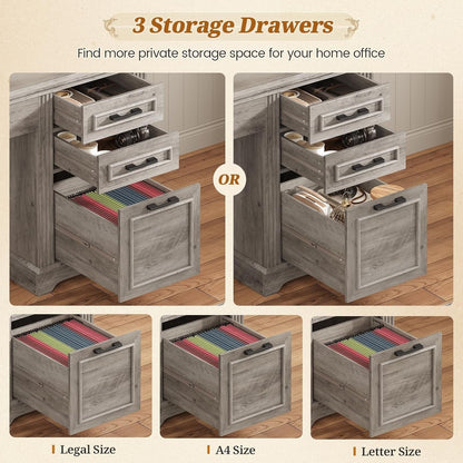 Bureau de direction style farmhouse, bureau de travail à domicile, avec tiroir à dossiers, support pour écran et prise de courant.