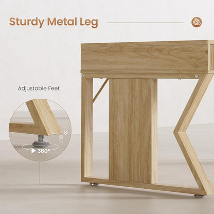 Bureau de direction style farmhouse, bureau de travail à domicile, avec tiroir à dossiers, support pour écran et prise de courant.