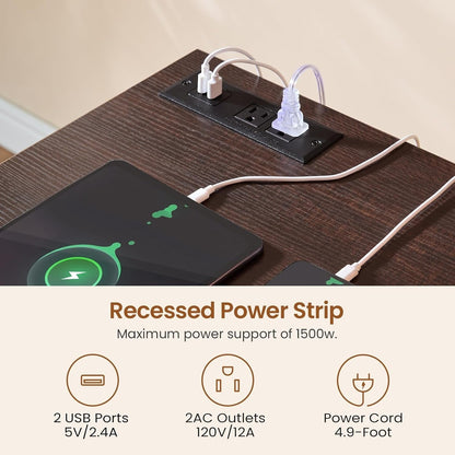 Bureau de direction style farmhouse, bureau de travail à domicile, avec tiroir à dossiers, support pour écran et prise de courant.