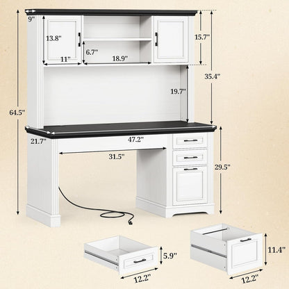 Bureau de direction style farmhouse, bureau de travail à domicile, avec tiroir à dossiers, support pour écran et prise de courant.