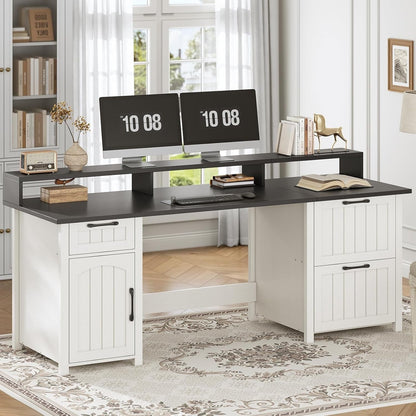 Bureau de direction style farmhouse, bureau de travail à domicile, avec tiroir à dossiers, support pour écran et prise de courant.