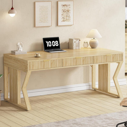 Bureau de direction style farmhouse, bureau de travail à domicile, avec tiroir à dossiers, support pour écran et prise de courant.