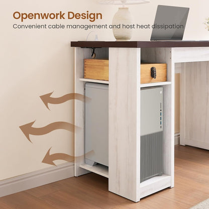 Bureau de direction style farmhouse, bureau de travail à domicile, avec tiroir à dossiers, support pour écran et prise de courant.