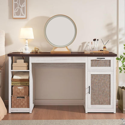 Bureau de direction style farmhouse, bureau de travail à domicile, avec tiroir à dossiers, support pour écran et prise de courant.