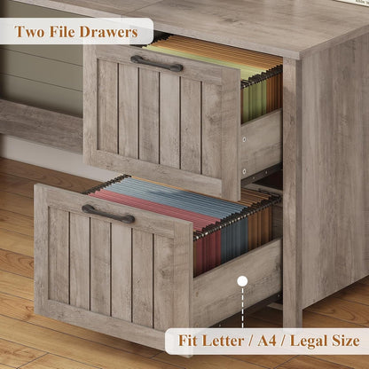 Bureau de direction style farmhouse, bureau de travail à domicile, avec tiroir à dossiers, support pour écran et prise de courant.