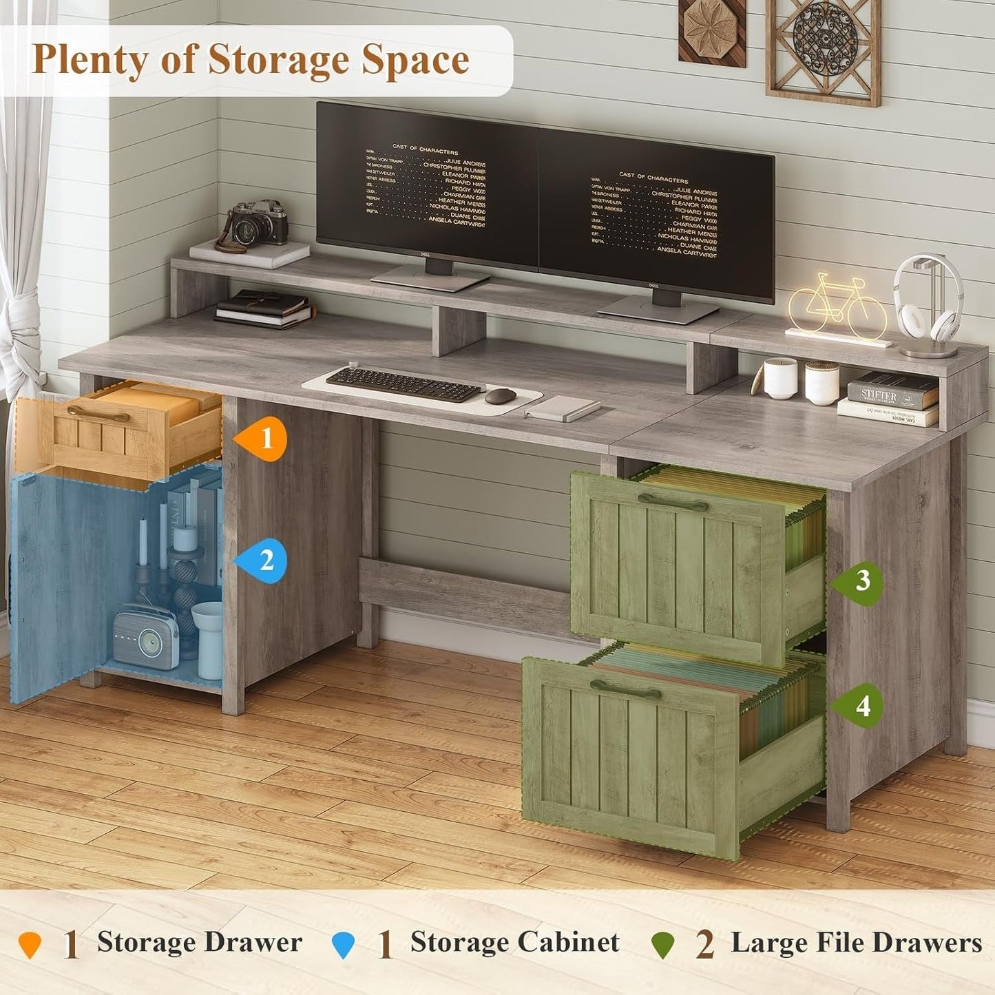 Bureau de direction style farmhouse, bureau de travail à domicile, avec tiroir à dossiers, support pour écran et prise de courant.