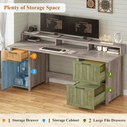 Bureau de direction style farmhouse, bureau de travail à domicile, avec tiroir à dossiers, support pour écran et prise de courant.