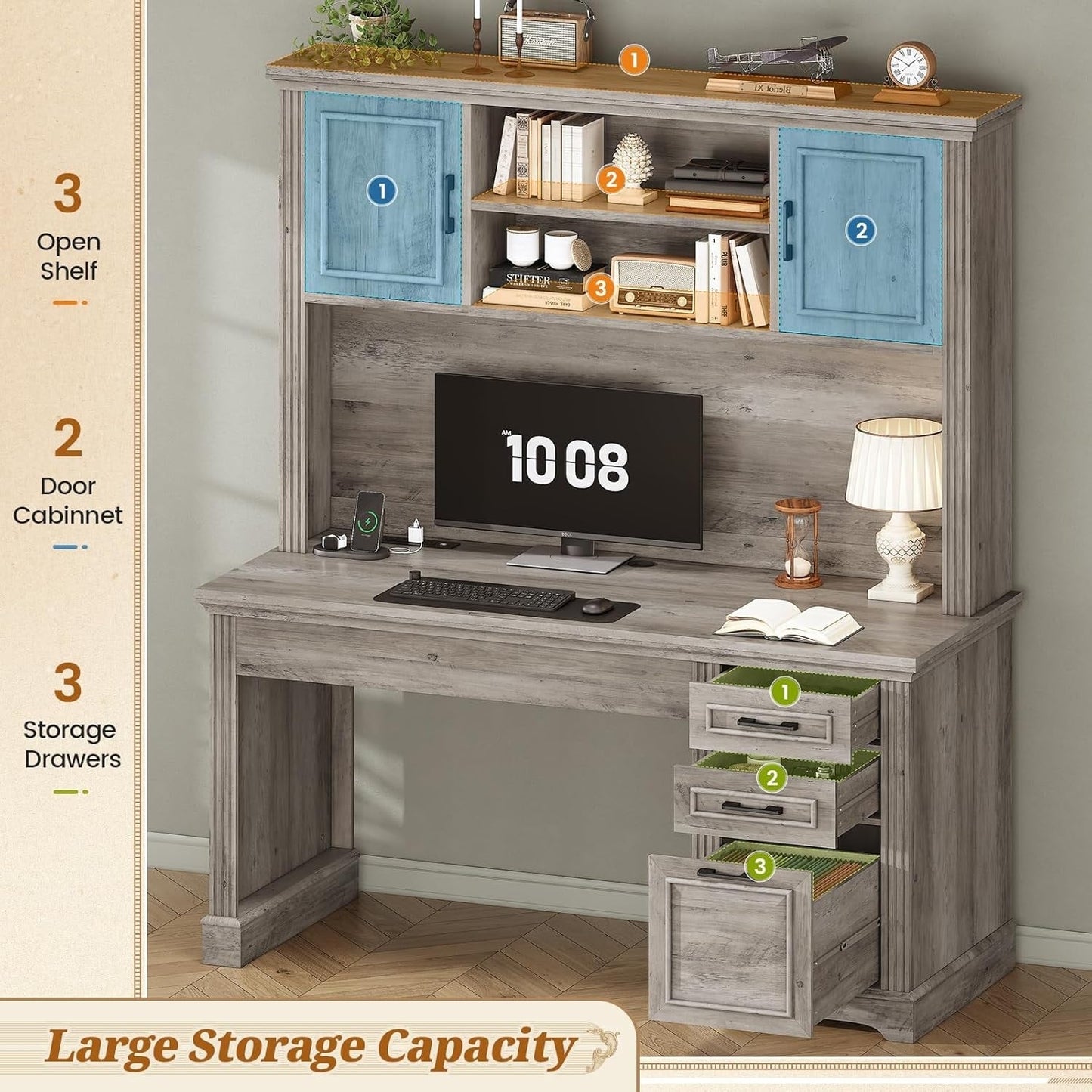 Bureau de direction style farmhouse, bureau de travail à domicile, avec tiroir à dossiers, support pour écran et prise de courant.