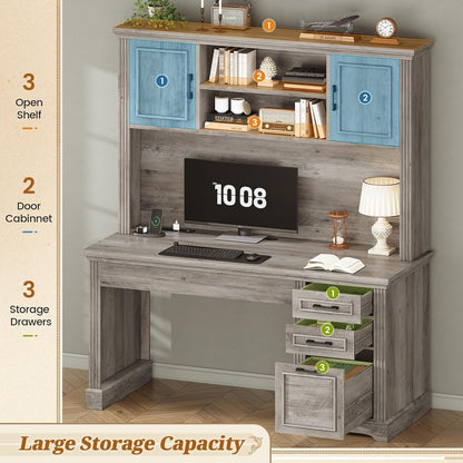 Bureau de direction style farmhouse, bureau de travail à domicile, avec tiroir à dossiers, support pour écran et prise de courant.