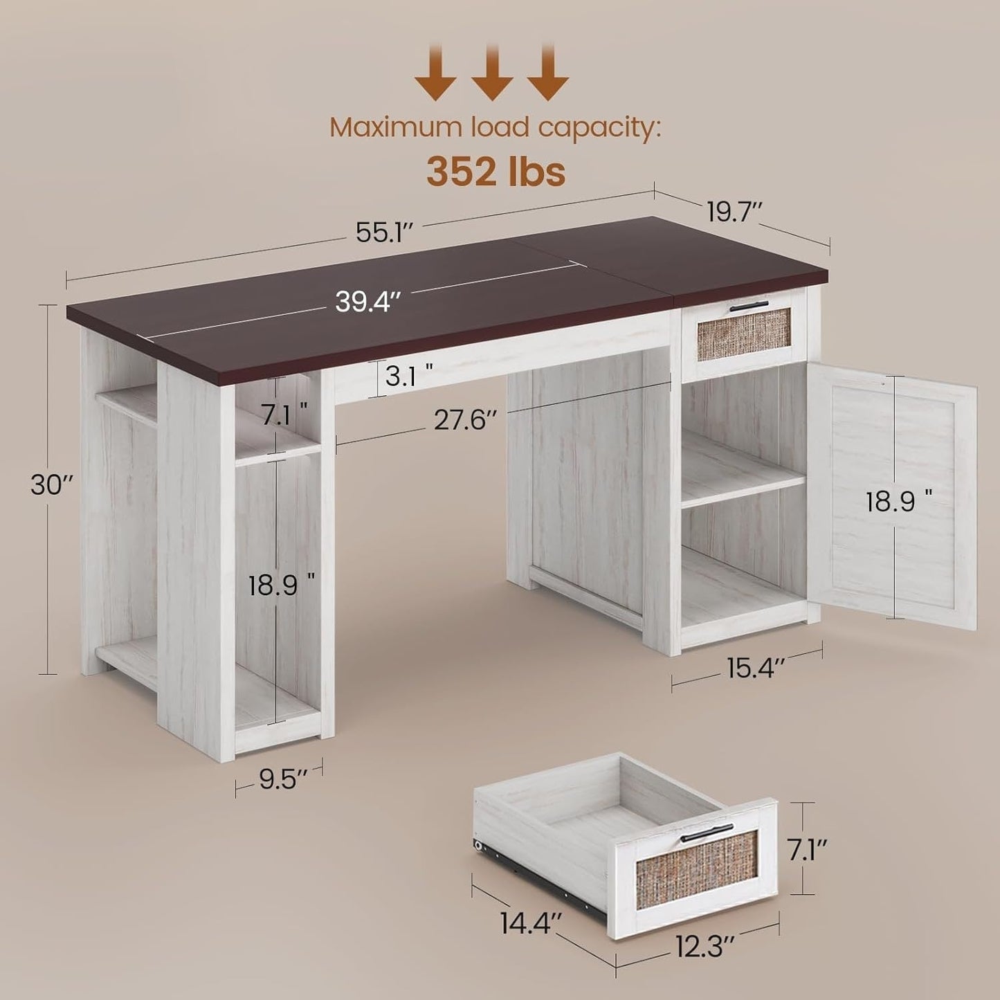 Bureau de direction style farmhouse, bureau de travail à domicile, avec tiroir à dossiers, support pour écran et prise de courant.